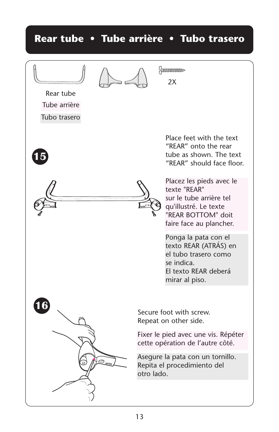 Rear tube • tube arrière • tubo trasero, 13 2x, Rear tube tubo trasero tube arrière | Graco Lovin' Hug Swing User Manual | Page 13 / 40