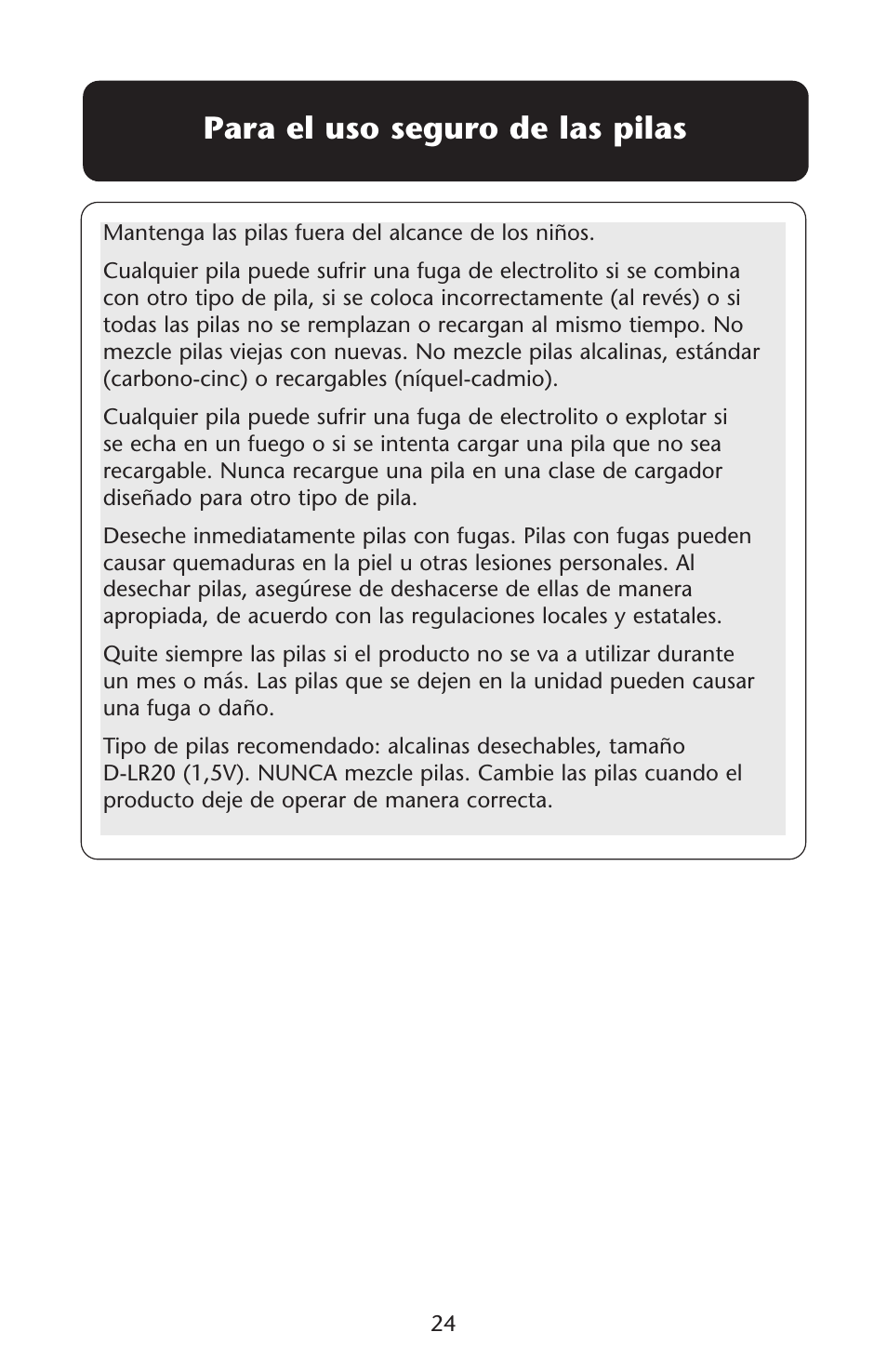 Para el uso seguro de las pilas | Graco Lovin' Hug Swing User Manual | Page 24 / 40