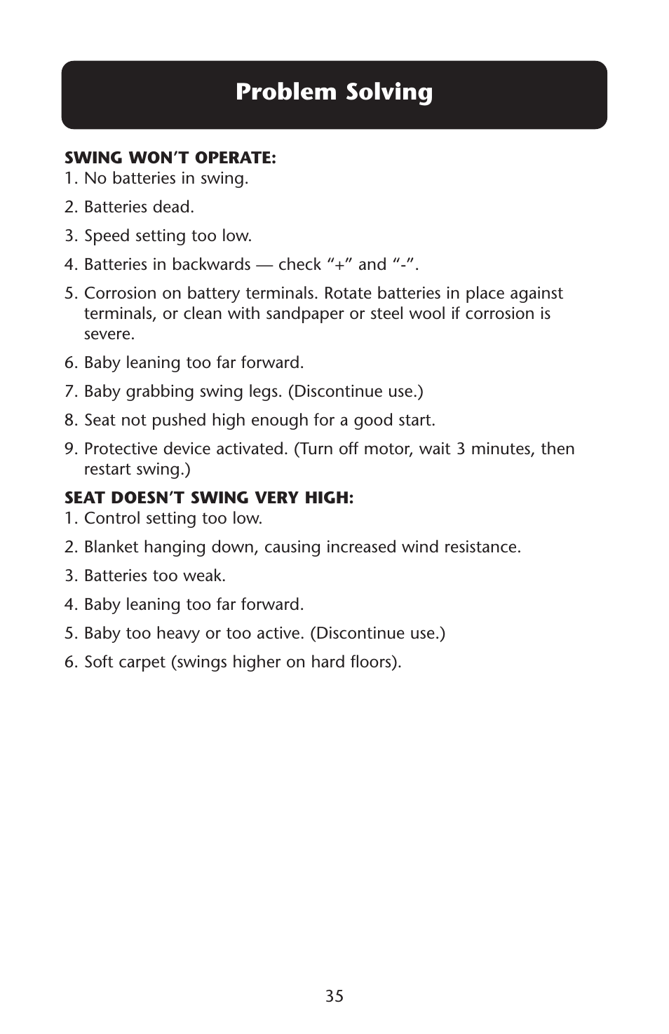 Problem solving | Graco Lovin' Hug Swing User Manual | Page 35 / 40