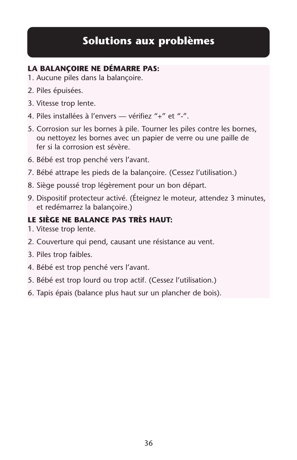 Solutions aux problèmes | Graco Lovin' Hug Swing User Manual | Page 36 / 40