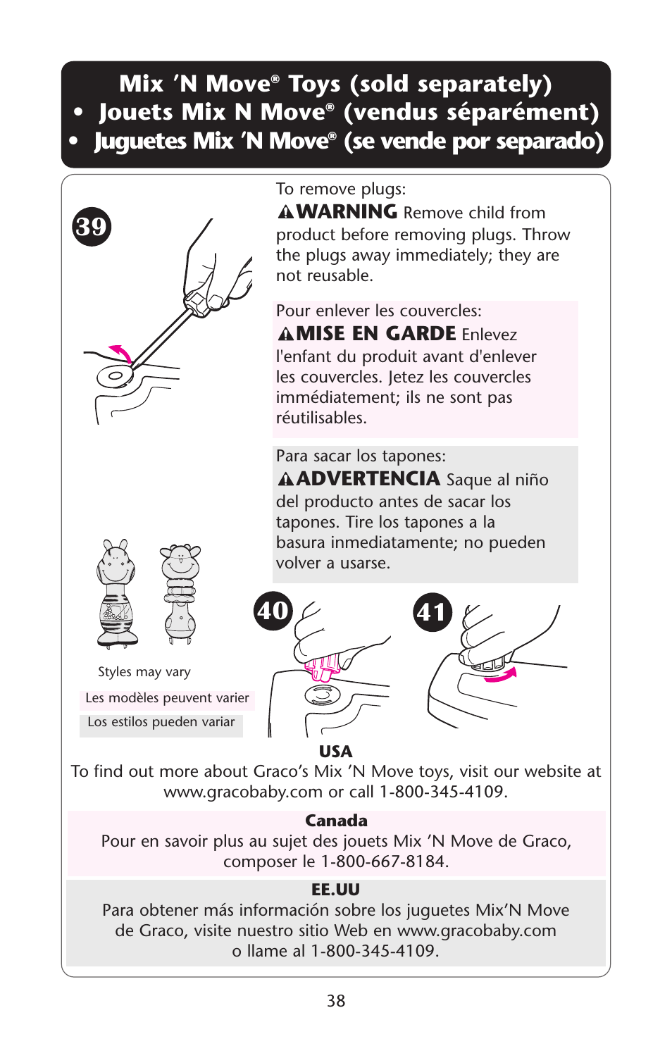 Mix ’n move, Toys (sold separately) • jouets mix n move, Vendus séparément) • juguetes mix ’n move | Se vende por separado) | Graco Lovin' Hug Swing User Manual | Page 38 / 40