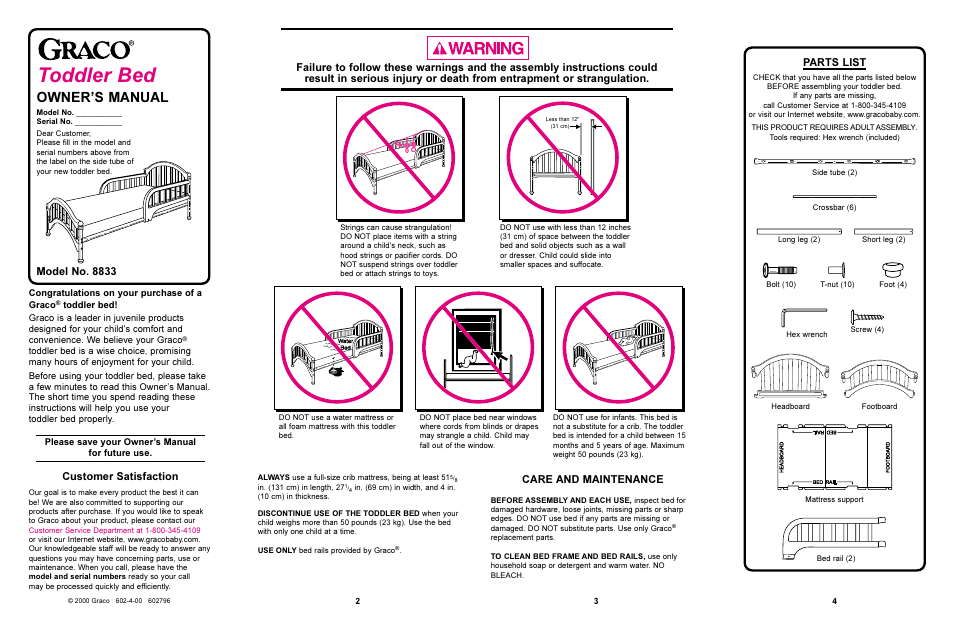 Toddler bed, Owners manual, Care and maintenance | Model no. 8833, Customer satisfaction, Parts list | Graco 8833 User Manual | Page 2 / 4