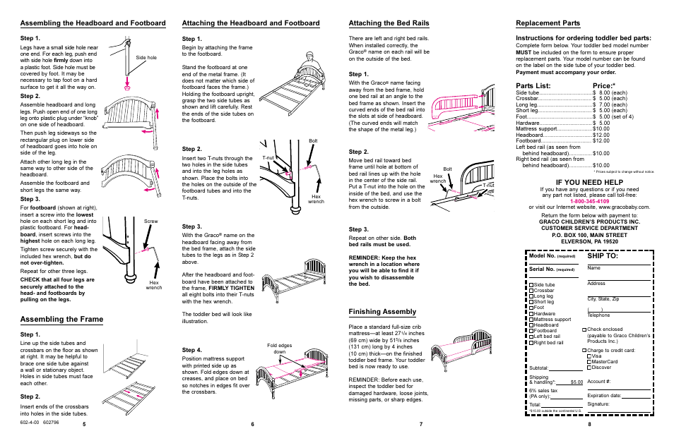 Assembling the frame, Replacement parts, Parts list | Price, Finishing assembly, Assembling the headboard and footboard, If you need help, Ship to | Graco 8833 User Manual | Page 3 / 4