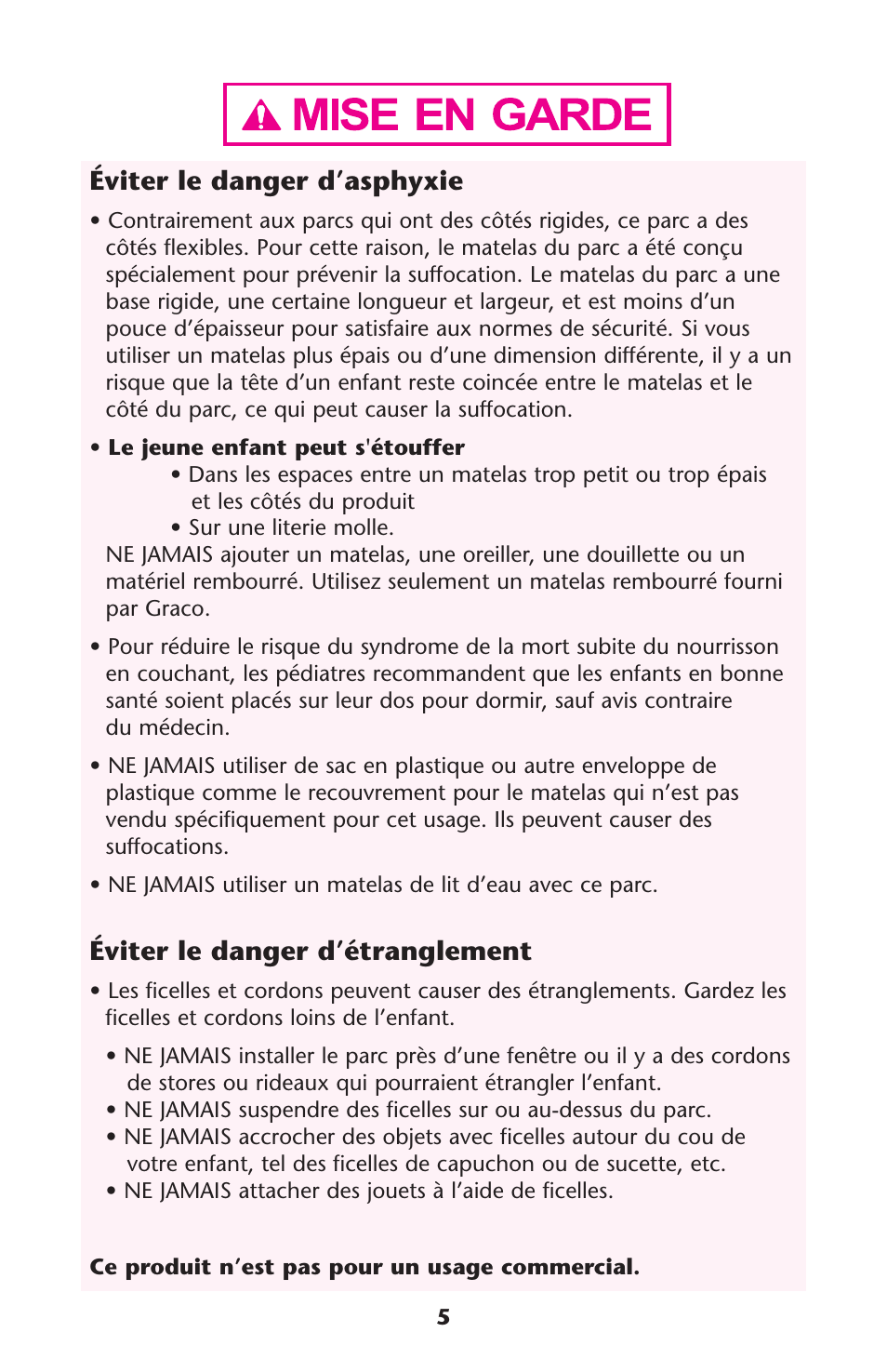 Éviter le danger d’asphyxie, Éviter le danger d’étranglement | Graco 1756488 User Manual | Page 5 / 40