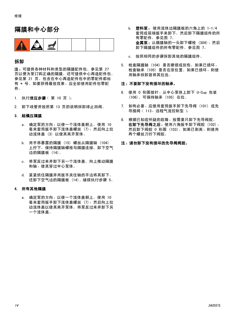 隔膜和中心部分, 见第 14, 第 14 | Graco HUSKY 1050P User Manual | Page 14 / 32