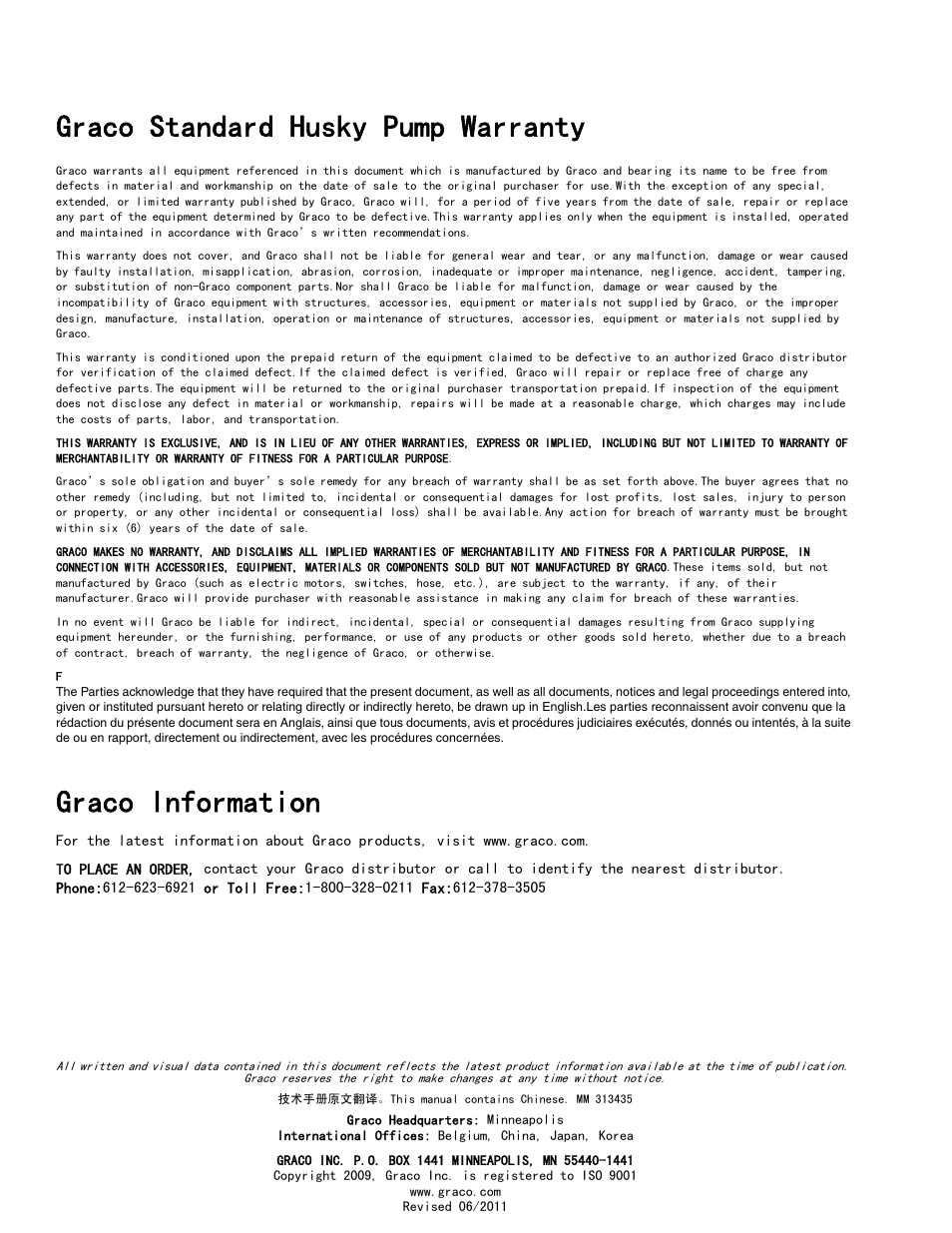 Graco standard husky pump warranty, Graco information | Graco HUSKY 1050P User Manual | Page 32 / 32