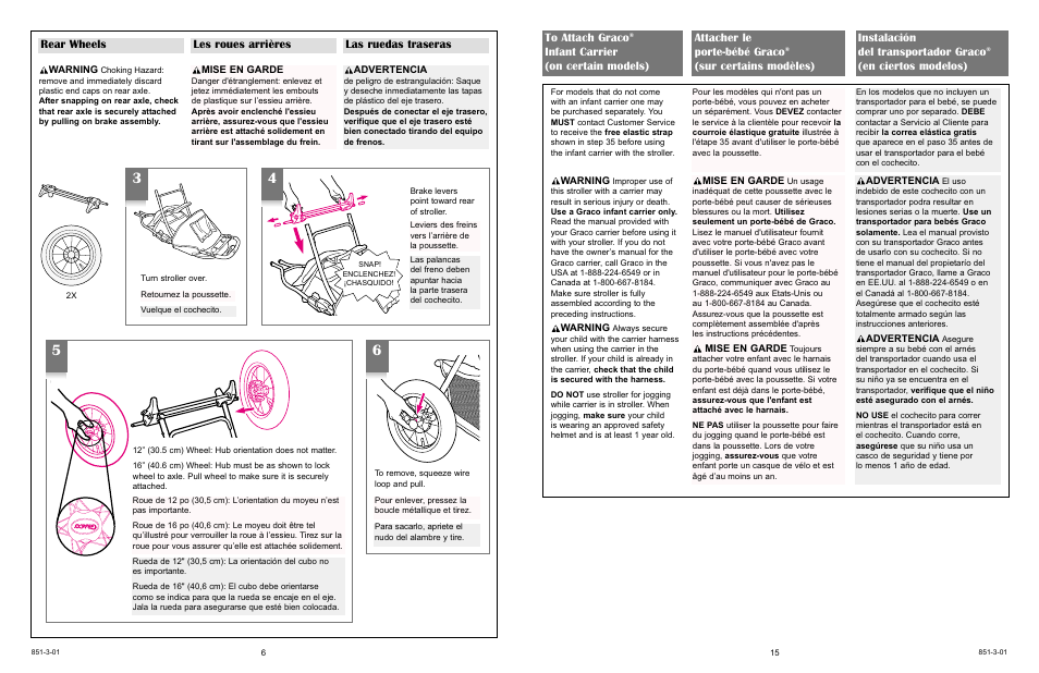 Rear wheels les roues arrières las ruedas traseras, En ciertos modelos) | Graco 7421 User Manual | Page 15 / 124