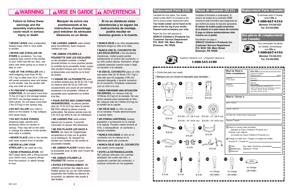 Warning advertencia mise en garde, Replacement parts (usa) piezas de repuesto (ee.uu), Replacement parts (canada) | Des pièces de remplacement (au canada) | Graco 7421 User Manual | Page 19 / 124