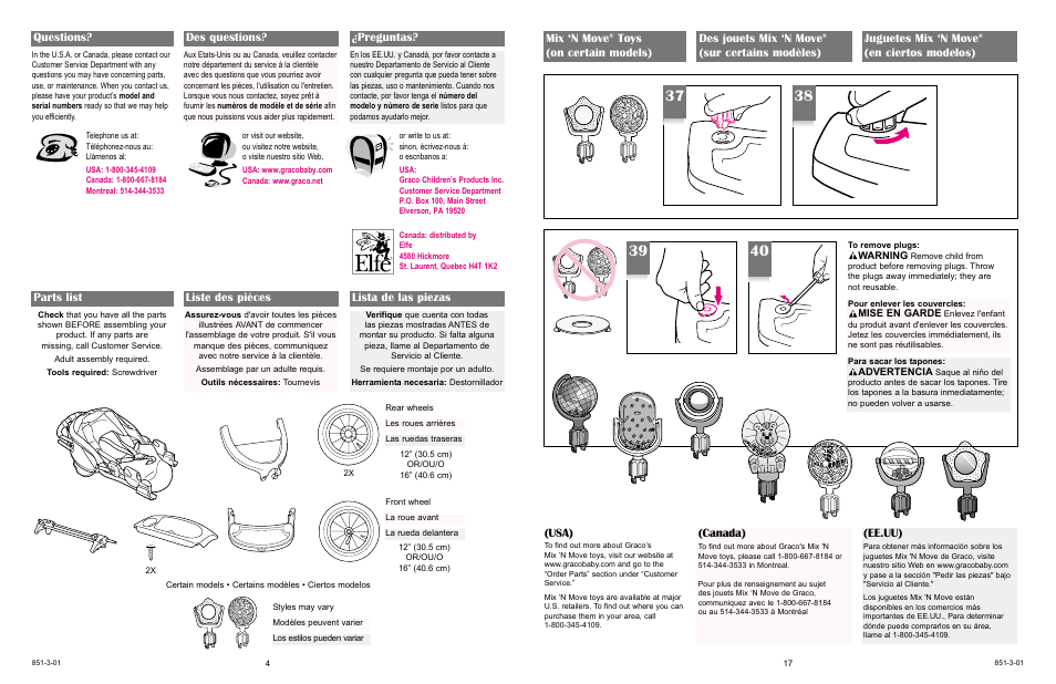 Parts list liste des pièces lista de las piezas, Questions? des questions? ¿preguntas, Usa) | Canada), Mix ‘n move, Toys (on certain models) des jouets mix ‘n move, Sur certains modèles) juguetes mix ‘n move, En ciertos modelos), Ee.uu) | Graco 7421 User Manual | Page 4 / 124