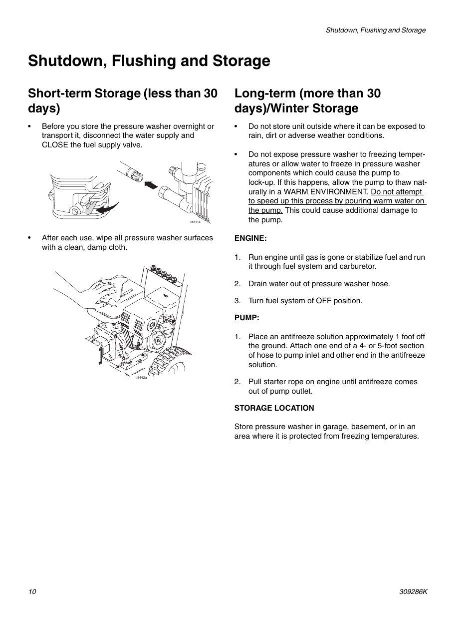 Shutdown, flushing and storage, Short-term storage (less than 30 days), Long-term (more than 30 days)/winter storage | Graco 2730H User Manual | Page 10 / 24