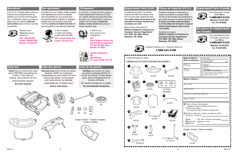 Parts list liste des pièces lista de las piezas, Questions? des questions? ¿preguntas, Replacement parts (usa) piezas de repuesto (ee.uu) | Replacement parts (canada), Des pièces de remplacement (au canada) | Graco Stroller User Manual | Page 17 / 19