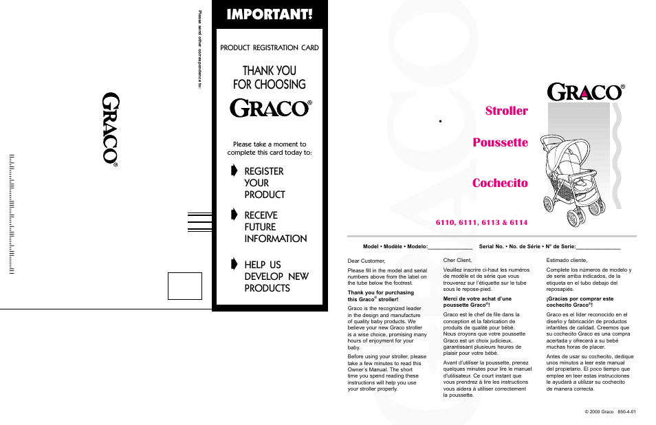 Important, Stroller, Poussette | Cochecito, Register, Your, Product, Receive, Future, Information | Graco Stroller User Manual | Page 18 / 19