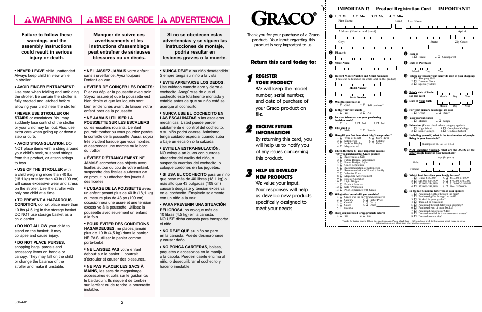 Warning advertencia mise en garde, Bm bl bn bt bu bs br bq bo bp cl cm cn co cp, Return this card today to | Important! product registration card important | Graco Stroller User Manual | Page 2 / 19