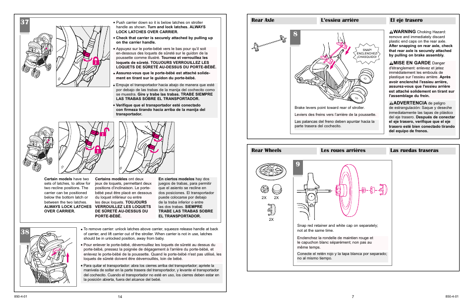 Rear wheels les roues arrières las ruedas traseras, Rear axle l’essieu arrière el eje trasero | Graco Stroller User Manual | Page 7 / 19