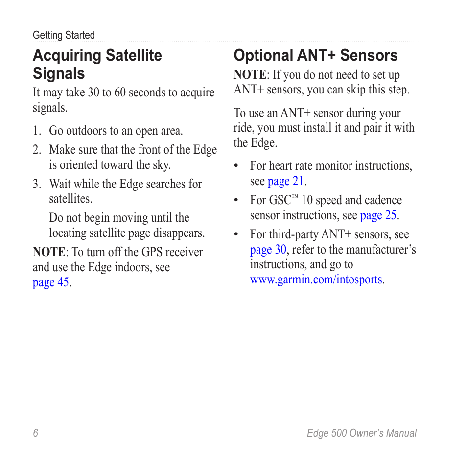 Acquiring satellite signals, Optional ant+ sensors, Acquire satellites | Garmin Edge 500 User Manual | Page 10 / 64
