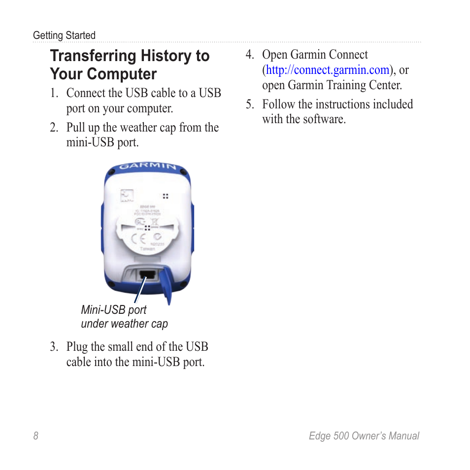 Transferring history to your computer, Transferring history to your, Computer | Garmin Edge 500 User Manual | Page 12 / 64