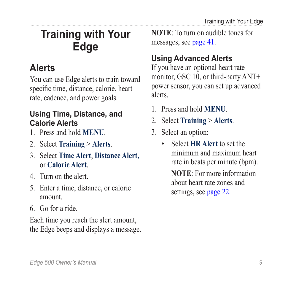Training with your edge, Alerts | Garmin Edge 500 User Manual | Page 13 / 64