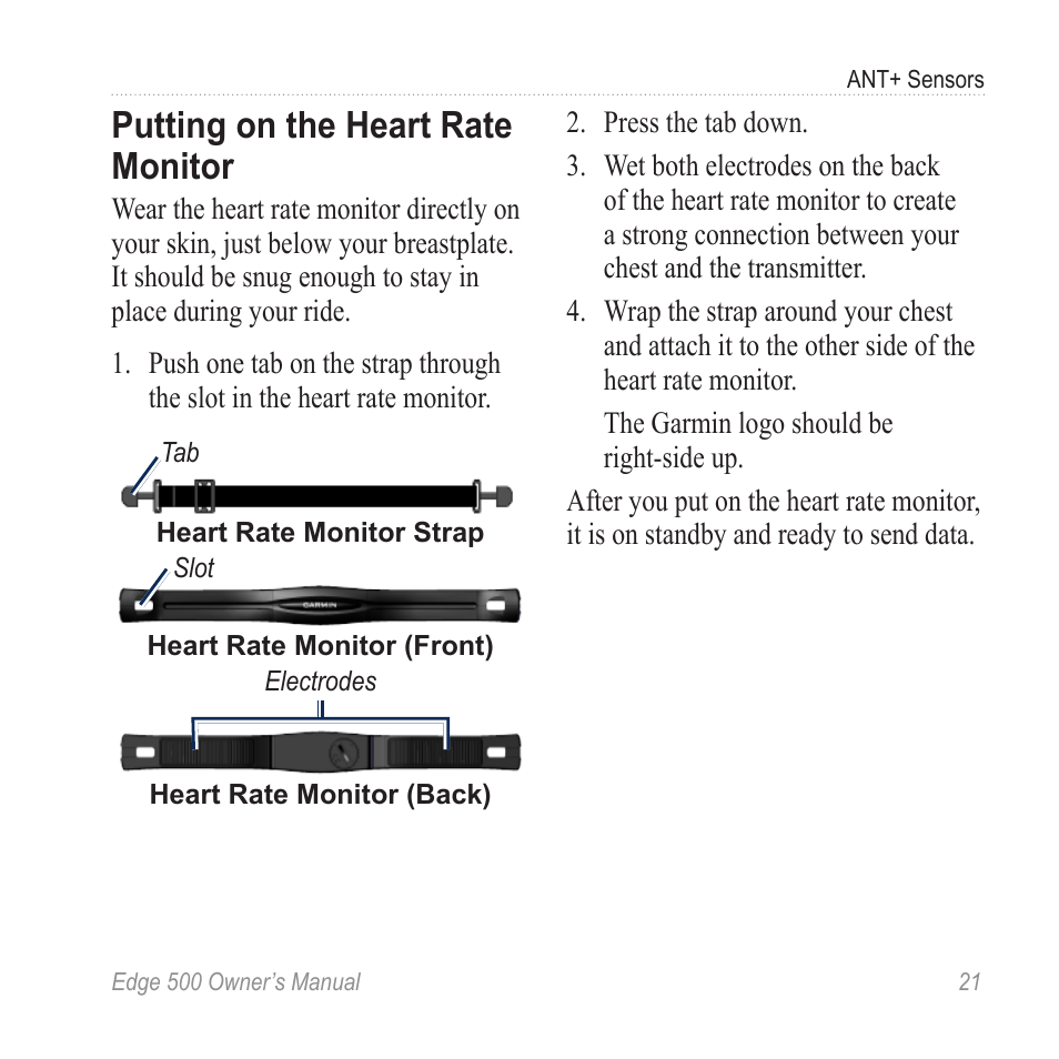 Putting on the heart rate monitor, Putting on the heart rate, Monitor | Heart rate monitor | Garmin Edge 500 User Manual | Page 25 / 64