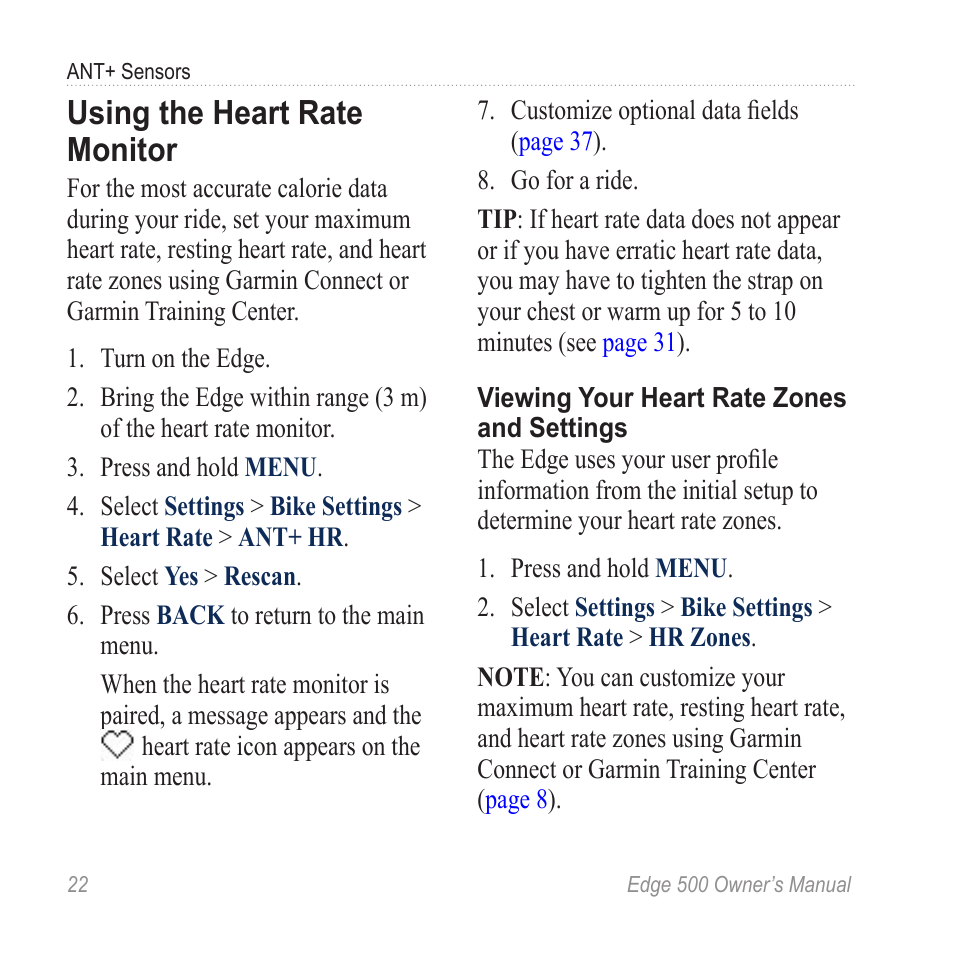 Using the heart rate monitor | Garmin Edge 500 User Manual | Page 26 / 64