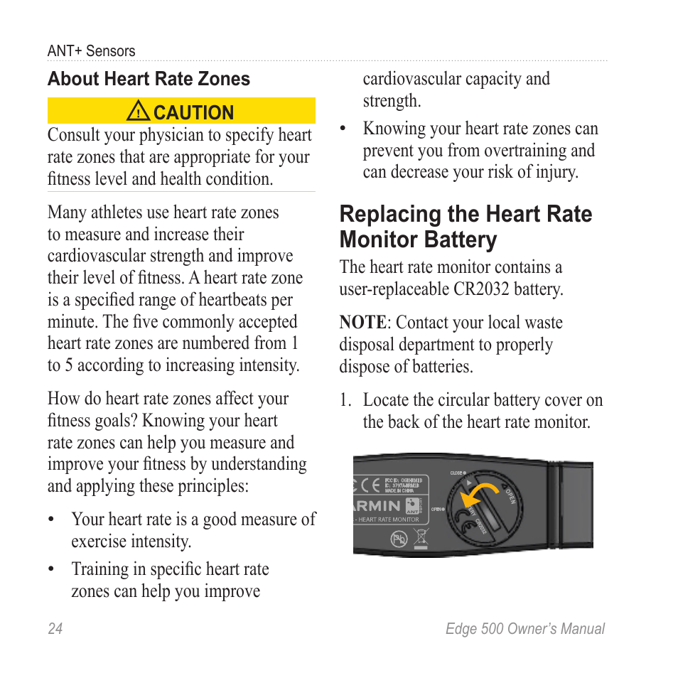 Replacing the heart rate monitor battery, Replacing the heart rate, Monitor battery | Garmin Edge 500 User Manual | Page 28 / 64