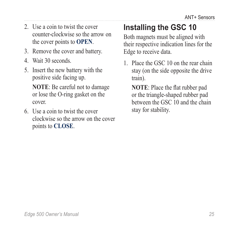 Installing the gsc 10, Sensor instructions, see | Garmin Edge 500 User Manual | Page 29 / 64