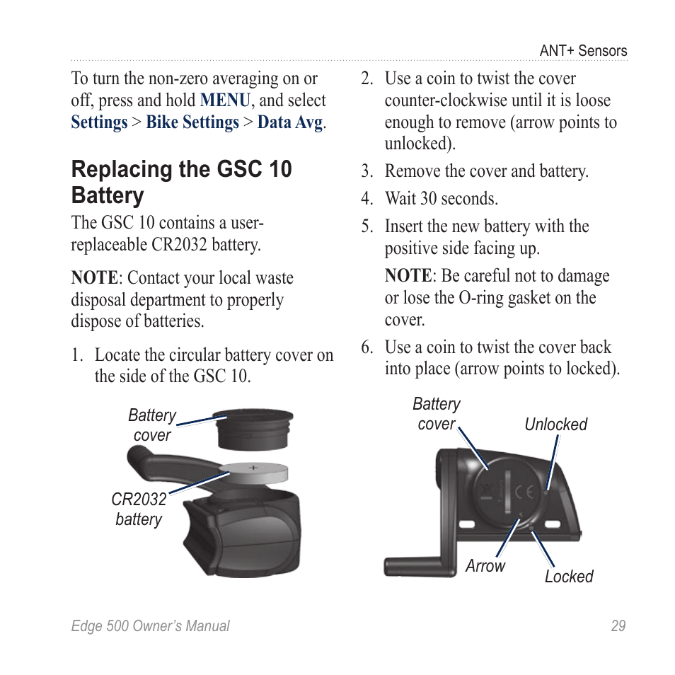 Replacing the gsc 10 battery, Replacing the gsc 10, Battery | Garmin Edge 500 User Manual | Page 33 / 64