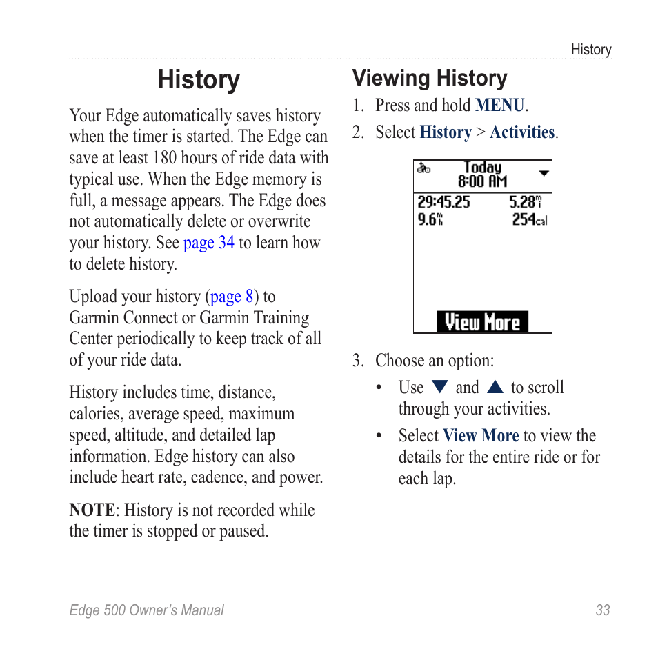 History, Viewing history | Garmin Edge 500 User Manual | Page 37 / 64