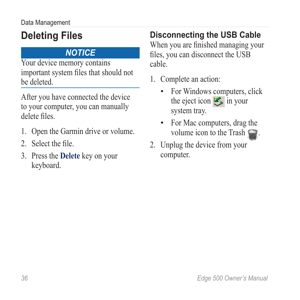 Deleting files | Garmin Edge 500 User Manual | Page 40 / 64