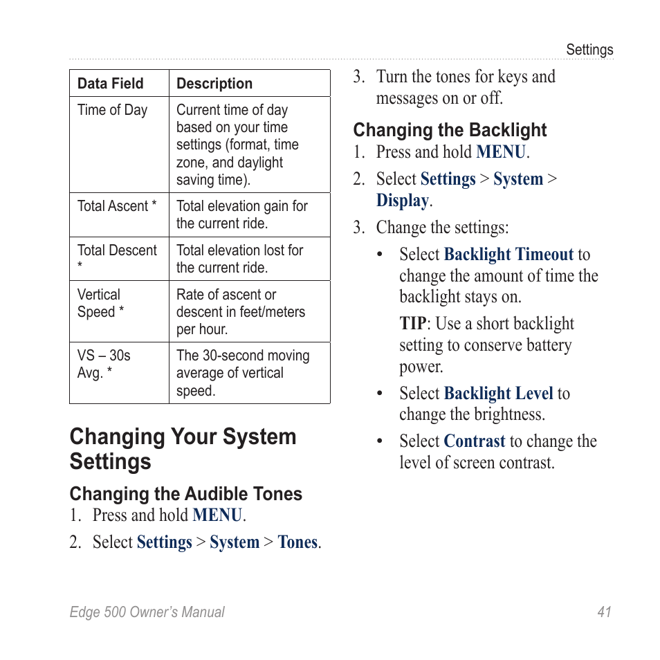 Changing your system settings, Changing your system, Settings | Garmin Edge 500 User Manual | Page 45 / 64