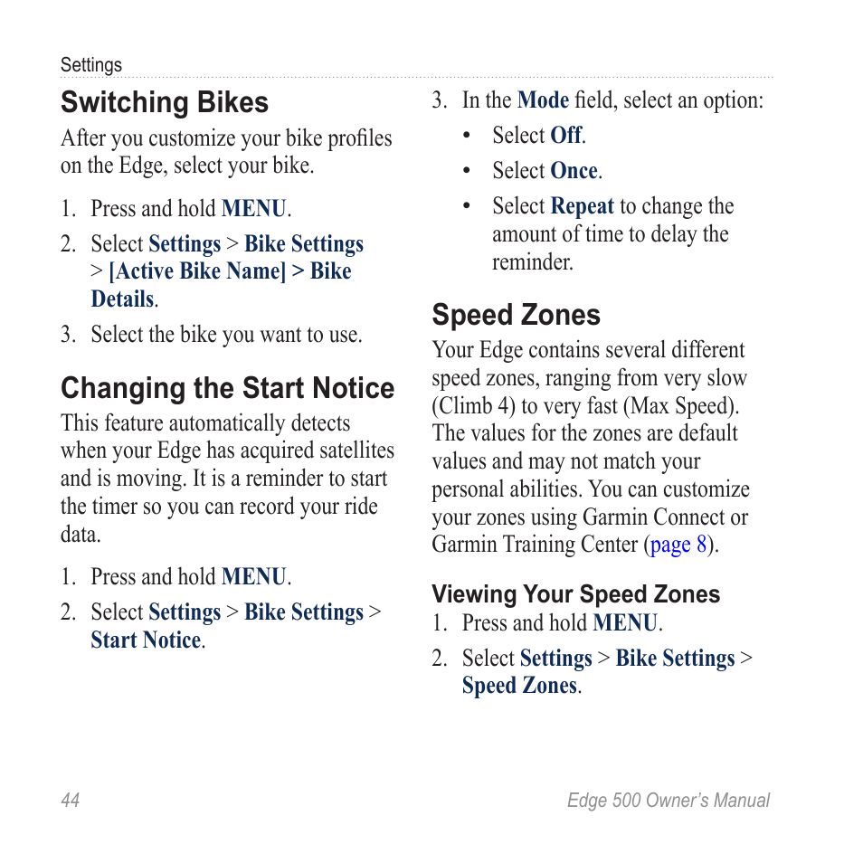 Switching bikes, Changing the start notice, Speed zones | Garmin Edge 500 User Manual | Page 48 / 64