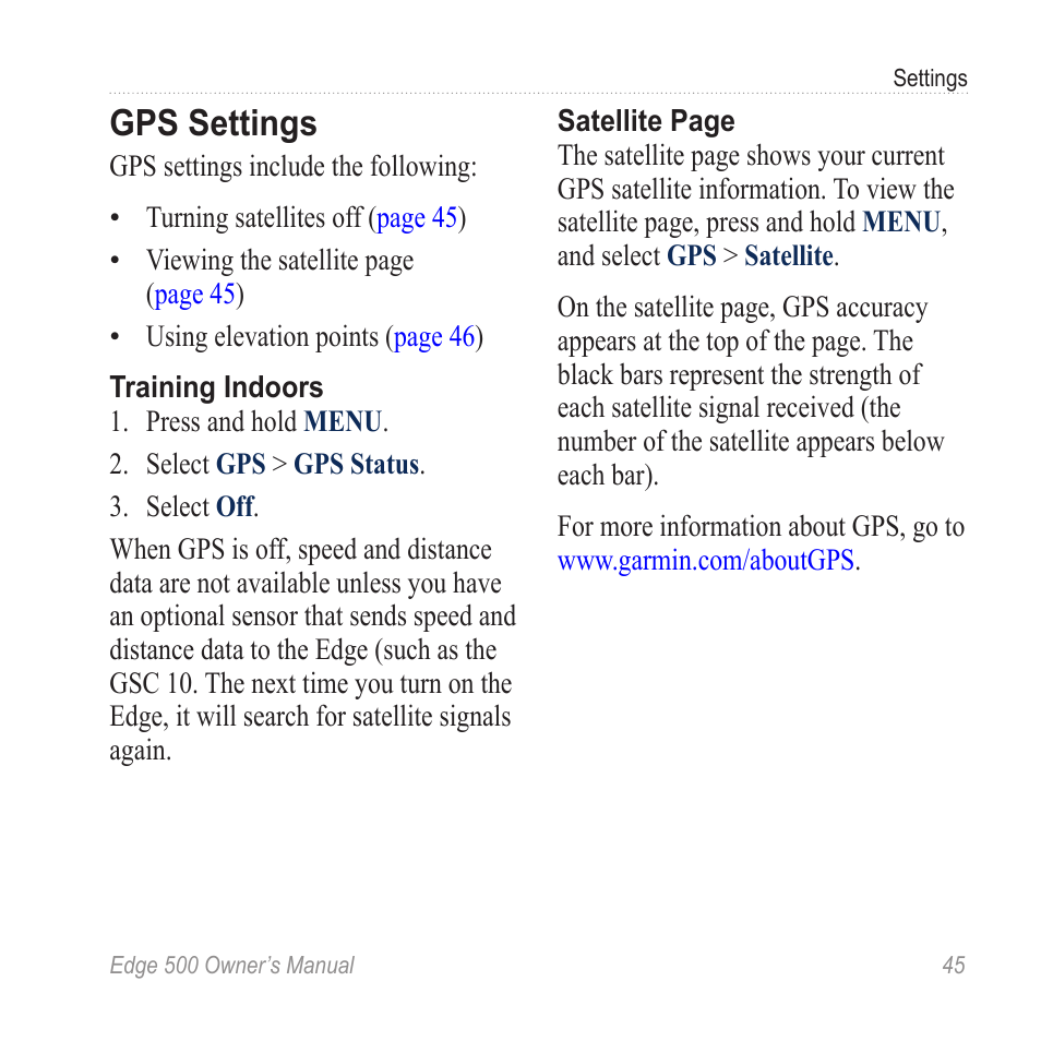 Gps settings | Garmin Edge 500 User Manual | Page 49 / 64