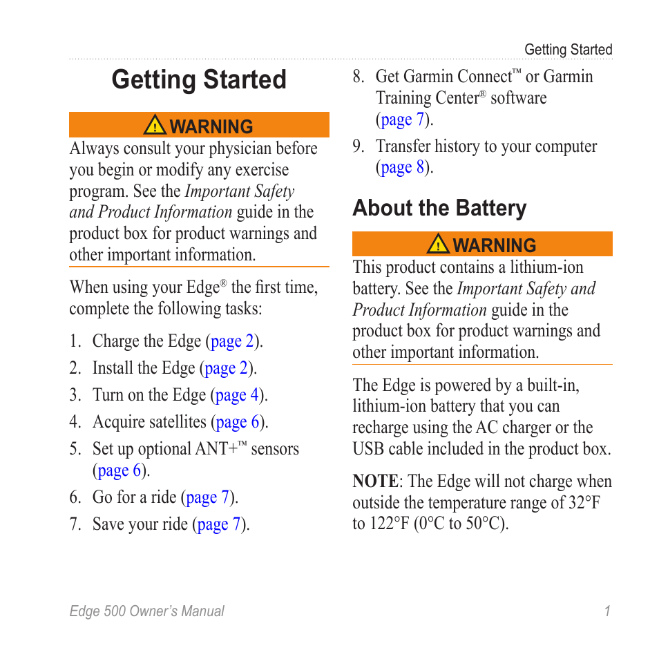 Getting started, About the battery | Garmin Edge 500 User Manual | Page 5 / 64