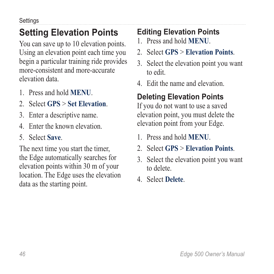 Setting elevation points, Using elevation points | Garmin Edge 500 User Manual | Page 50 / 64