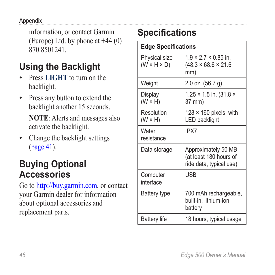 Using the backlight, Buying optional accessories, Specifications | Garmin Edge 500 User Manual | Page 52 / 64