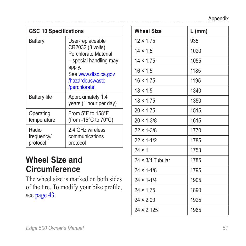 Wheel size and circumference, Wheel size and, Circumference | Garmin Edge 500 User Manual | Page 55 / 64