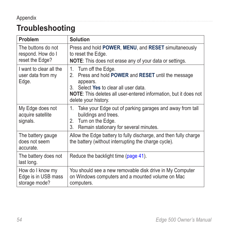 Troubleshooting | Garmin Edge 500 User Manual | Page 58 / 64