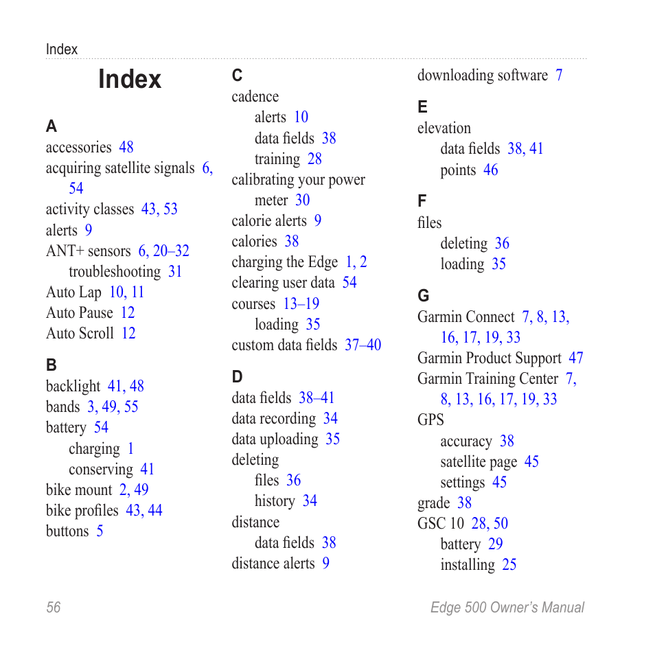 Index | Garmin Edge 500 User Manual | Page 60 / 64