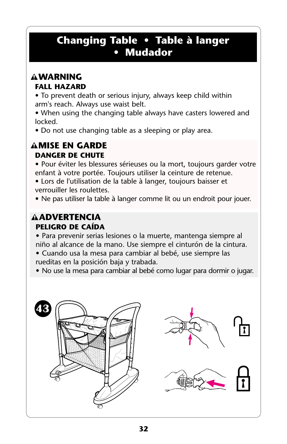 Changing table • table à langer • mudador | Graco ISPJ003AB User Manual | Page 32 / 48