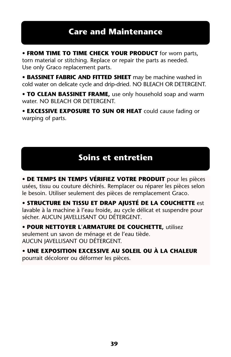 Care and maintenance soins et entretien | Graco ISPJ003AB User Manual | Page 39 / 48