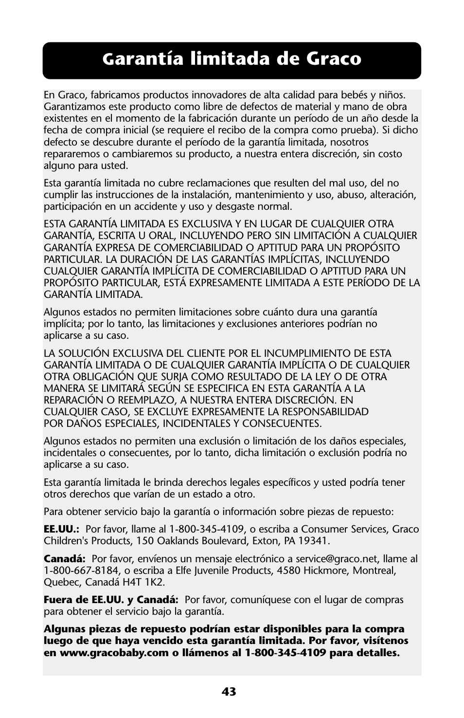 Arantía limitada de graco | Graco ISPJ003AB User Manual | Page 43 / 48
