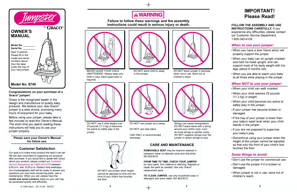 Important! please read, Owners manual, Model no. 8740 | When to use your jumper, When not to use your jumper, Some things to avoid, Customer satisfaction, Care and maintenance | Graco Jumpster 8740 User Manual | Page 2 / 4