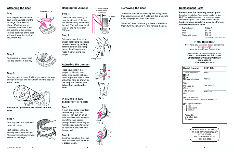 Attaching the seat, Hanging the jumper, Adjusting the jumper | Removing the seat, Replacement parts, Step 1, Step 2, Step 4, Step 3 | Graco Jumpster 8740 User Manual | Page 3 / 4