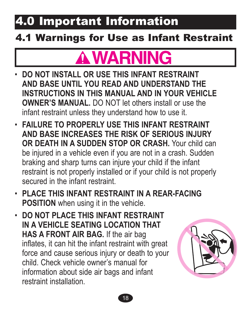 0 important information, 1 warnings for use as infant restraint | Graco ISPA199AA User Manual | Page 58 / 136