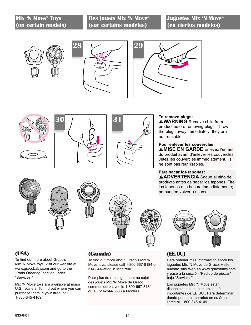 Usa), Canada), Mix ‘n move | Toys (on certain models) des jouets mix ‘n move, Sur certains modèles) juguetes mix ‘n move, En ciertos modelos) (ee.uu) | Graco 7427 User Manual | Page 14 / 122