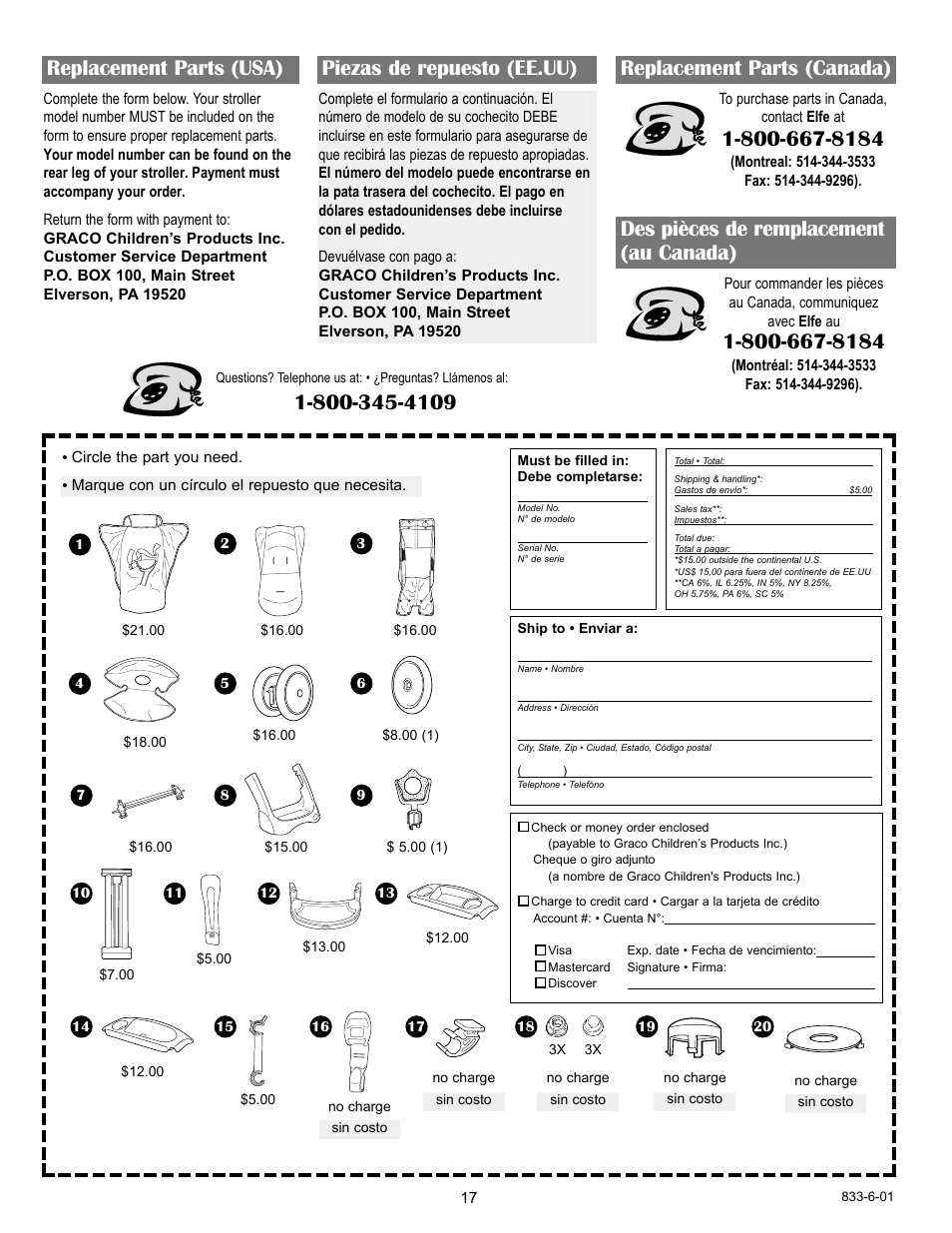 Replacement parts (usa) piezas de repuesto (ee.uu), Replacement parts (canada), Des pièces de remplacement (au canada) | Graco 7427 User Manual | Page 17 / 122