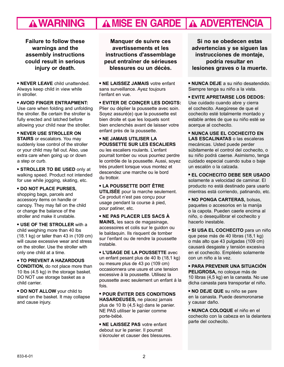 Warning advertencia mise en garde | Graco 7427 User Manual | Page 2 / 122