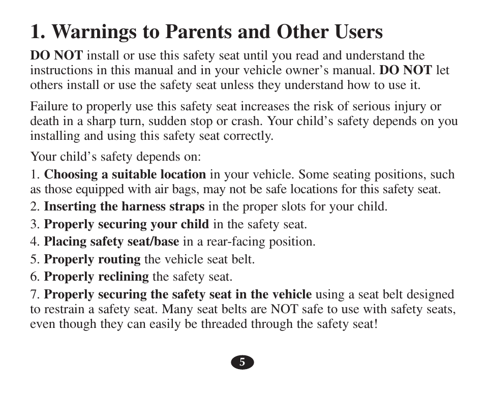 Warnings to parents and other users | Graco 7427 User Manual | Page 22 / 122