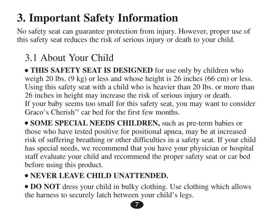 Important safety information, 1 about your child | Graco 7427 User Manual | Page 24 / 122