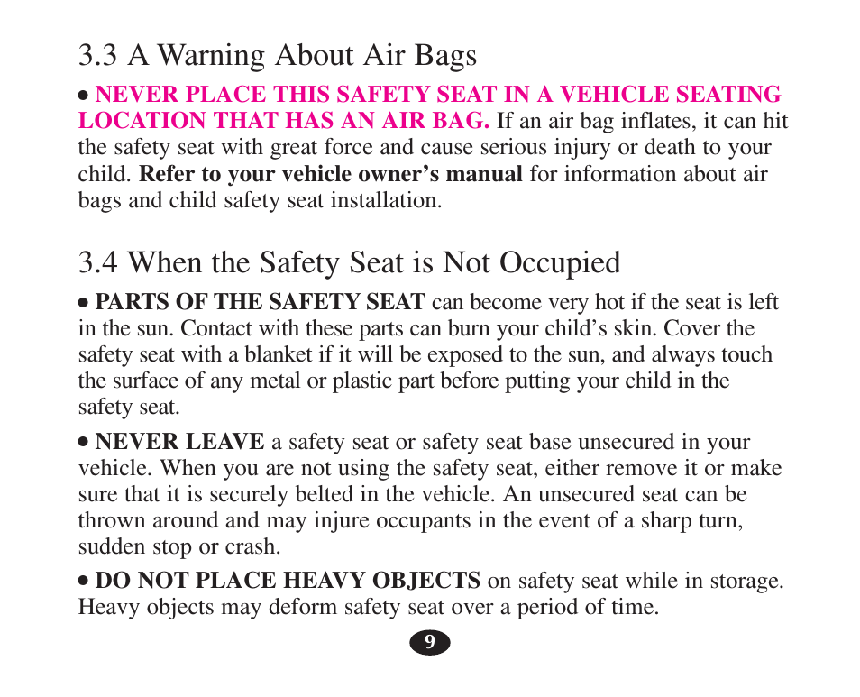 3 a warning about air bags, 4 when the safety seat is not occupied | Graco 7427 User Manual | Page 26 / 122
