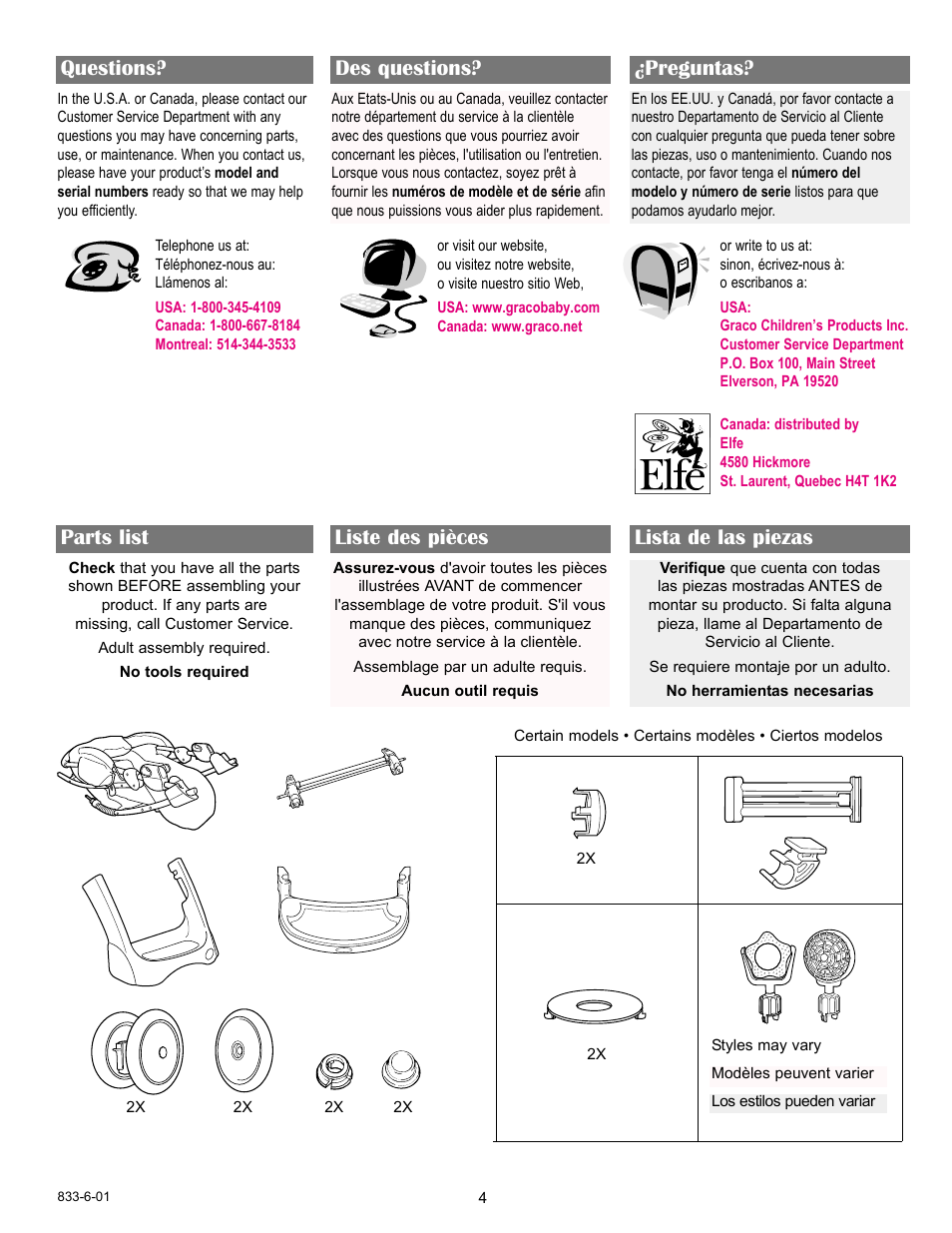 Parts list liste des pièces lista de las piezas, Questions? des questions? ¿preguntas | Graco 7427 User Manual | Page 4 / 122